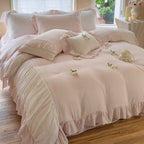 Ruffled Bedding Set Breathable Cotton Gauze Lace Edge