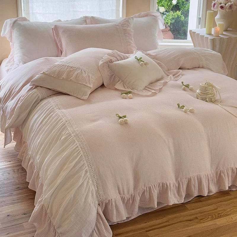 Ruffled Bedding Set Breathable Cotton Gauze Lace Edge