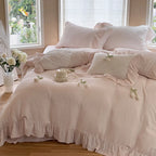 Ruffled Bedding Set Breathable Cotton Gauze Lace Edge