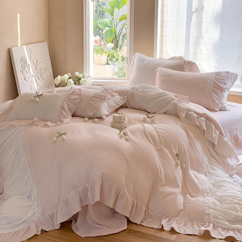 Ruffled Bedding Set Breathable Cotton Gauze Lace Edge