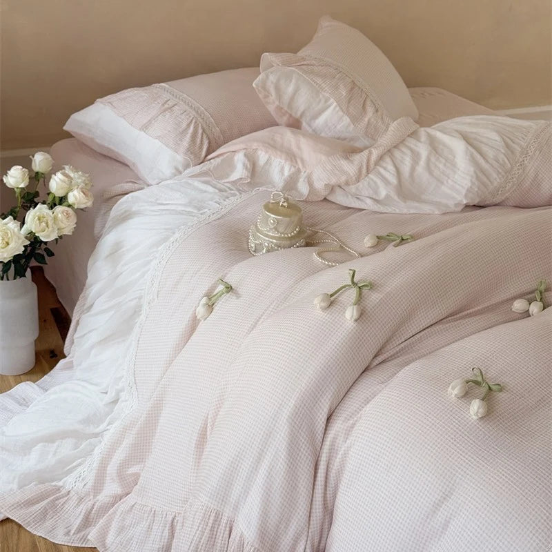 Ruffled Bedding Set Breathable Cotton Gauze Lace Edge