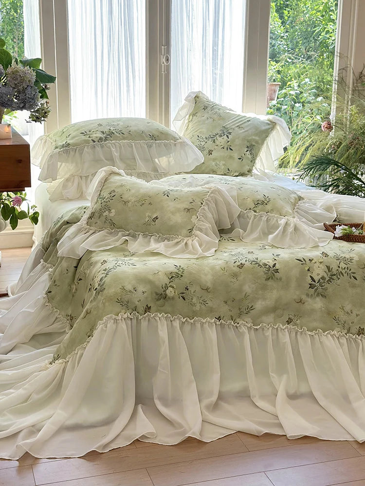 Ruffled Bedding Set Cotton Blend Vintage Floral