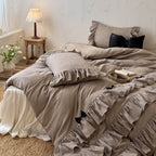 Ruffled Bedding Set Linen-Look Cotton Reversible Zip Closure