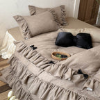 Ruffled Bedding Set Linen-Look Cotton Reversible Zip Closure