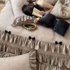 Ruffled Bedding Set Linen-Look Cotton Reversible Zip Closure