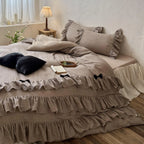 Ruffled Bedding Set Linen-Look Cotton Reversible Zip Closure