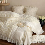 Ruffled Bedding Set Rose Appliques Cotton-Blend