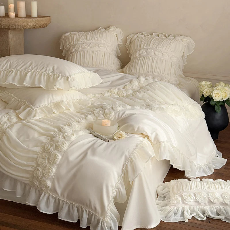 Ruffled Bedding Set Rose Appliques Cotton-Blend