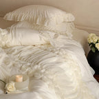 Ruffled Bedding Set Rose Appliques Cotton-Blend