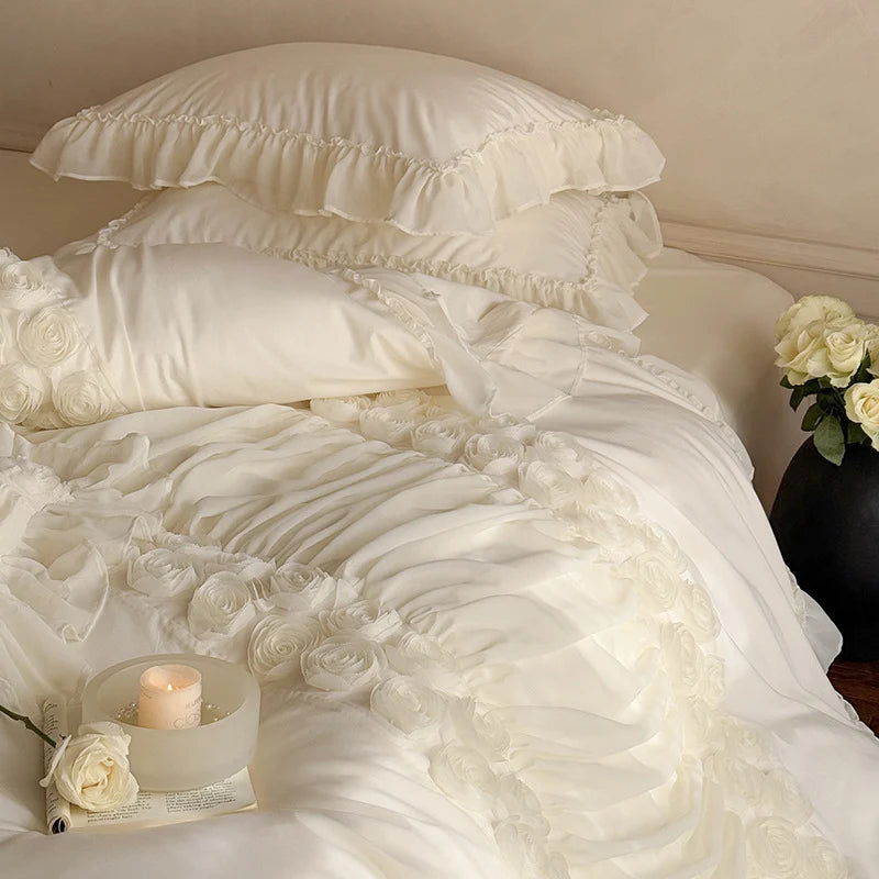 Ruffled Bedding Set Rose Appliques Cotton-Blend