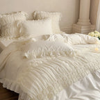Ruffled Bedding Set Rose Appliques Cotton-Blend