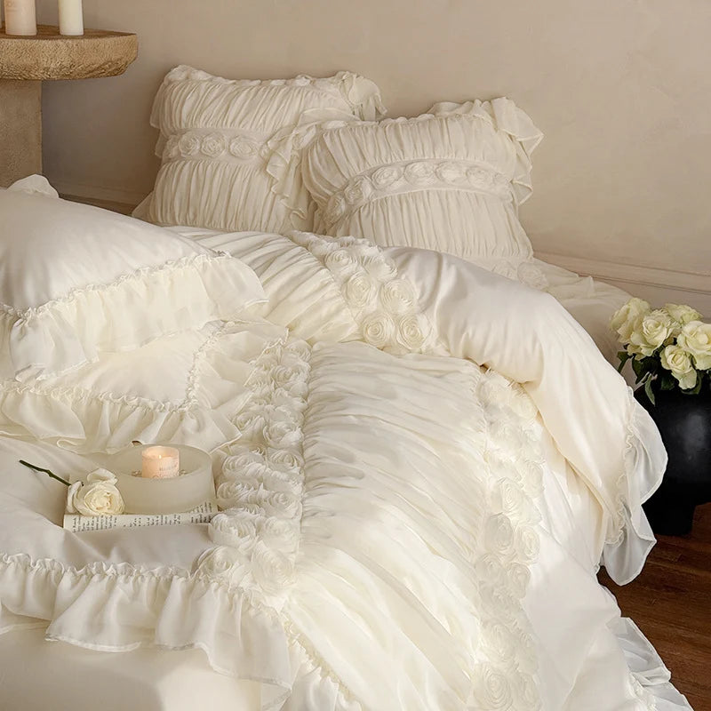 Ruffled Bedding Set Rose Appliques Cotton-Blend