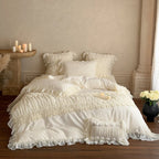 Ruffled Bedding Set Rose Appliques Cotton-Blend