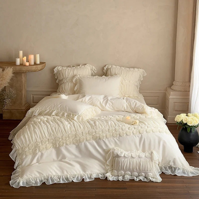 Ruffled Bedding Set Rose Appliques Cotton-Blend