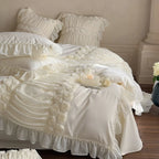 Ruffled Bedding Set Rose Appliques Cotton-Blend