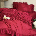 Ruffled Bedding Set Rose Appliques Cotton-Blend