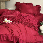 Ruffled Bedding Set Rose Appliques Cotton-Blend