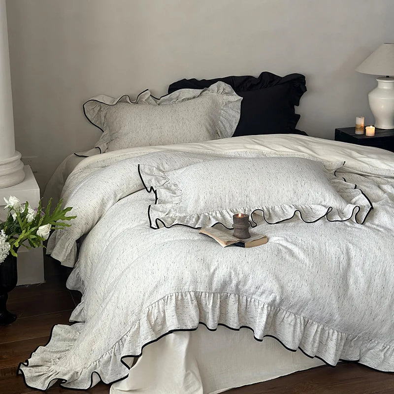 Ruffled Duvet Cover Set Cotton-Linen Look Contrasting Piping 4-Piece