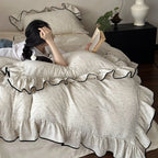 Ruffled Duvet Cover Set Cotton-Linen Look Contrasting Piping 4-Piece