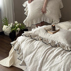 Ruffled Duvet Cover Set Cotton-Linen Look Contrasting Piping 4-Piece