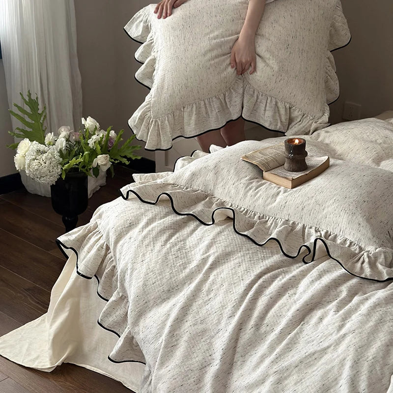 Ruffled Duvet Cover Set Cotton-Linen Look Contrasting Piping 4-Piece