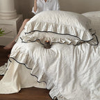 Ruffled Duvet Cover Set Cotton-Linen Look Contrasting Piping 4-Piece