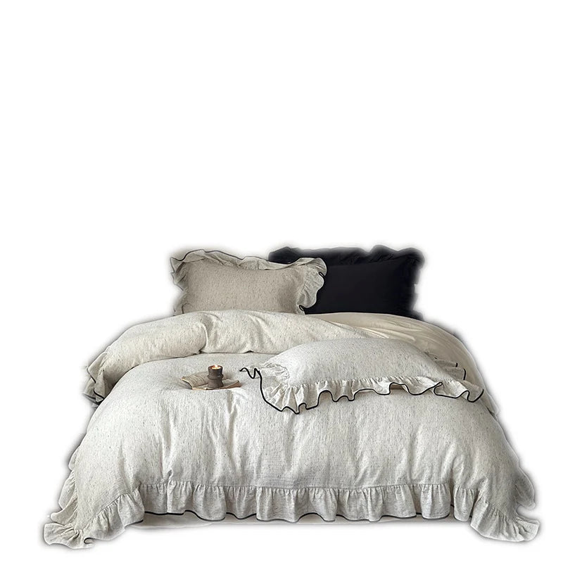 Ruffled Duvet Cover Set Cotton-Linen Look Contrasting Piping 4-Piece