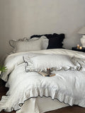 Ruffled Duvet Cover Set Cotton-Linen Look Contrasting Piping 4-Piece