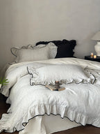 Ruffled Duvet Cover Set Cotton-Linen Look Contrasting Piping 4-Piece