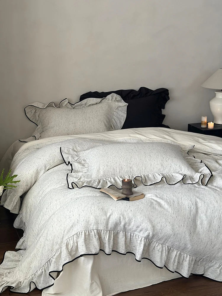Ruffled Duvet Cover Set Cotton-Linen Look Contrasting Piping 4-Piece