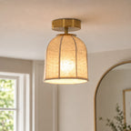Rustic Linen Shade & Warm Gold Flush Mount Ceiling Light (LED Compatible)