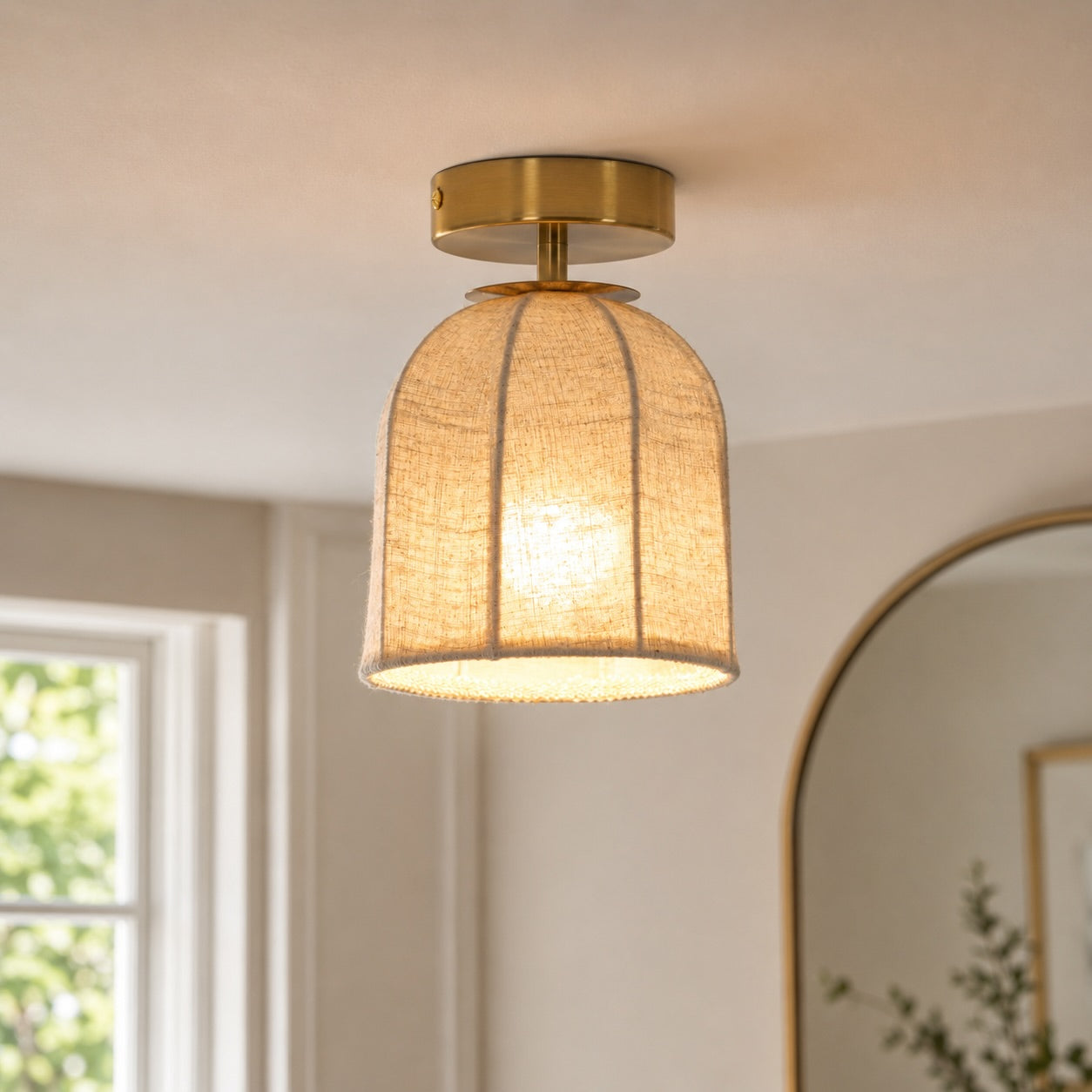 Rustic Linen Shade & Warm Gold Flush Mount Ceiling Light (LED Compatible)