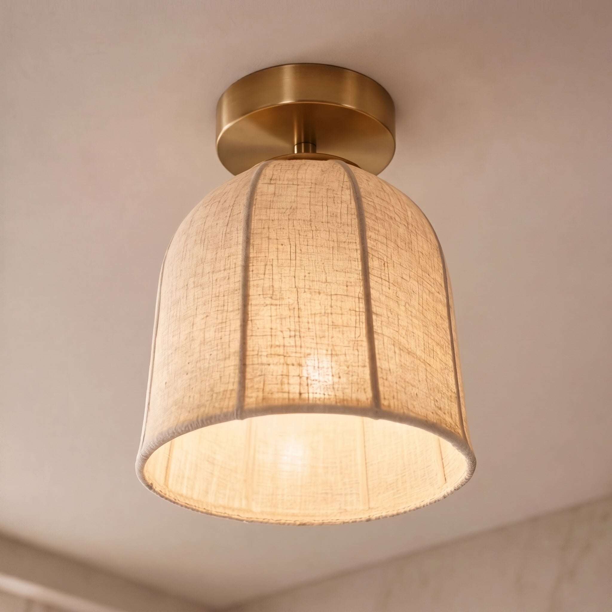 Rustic Linen Shade & Warm Gold Flush Mount Ceiling Light (LED Compatible)