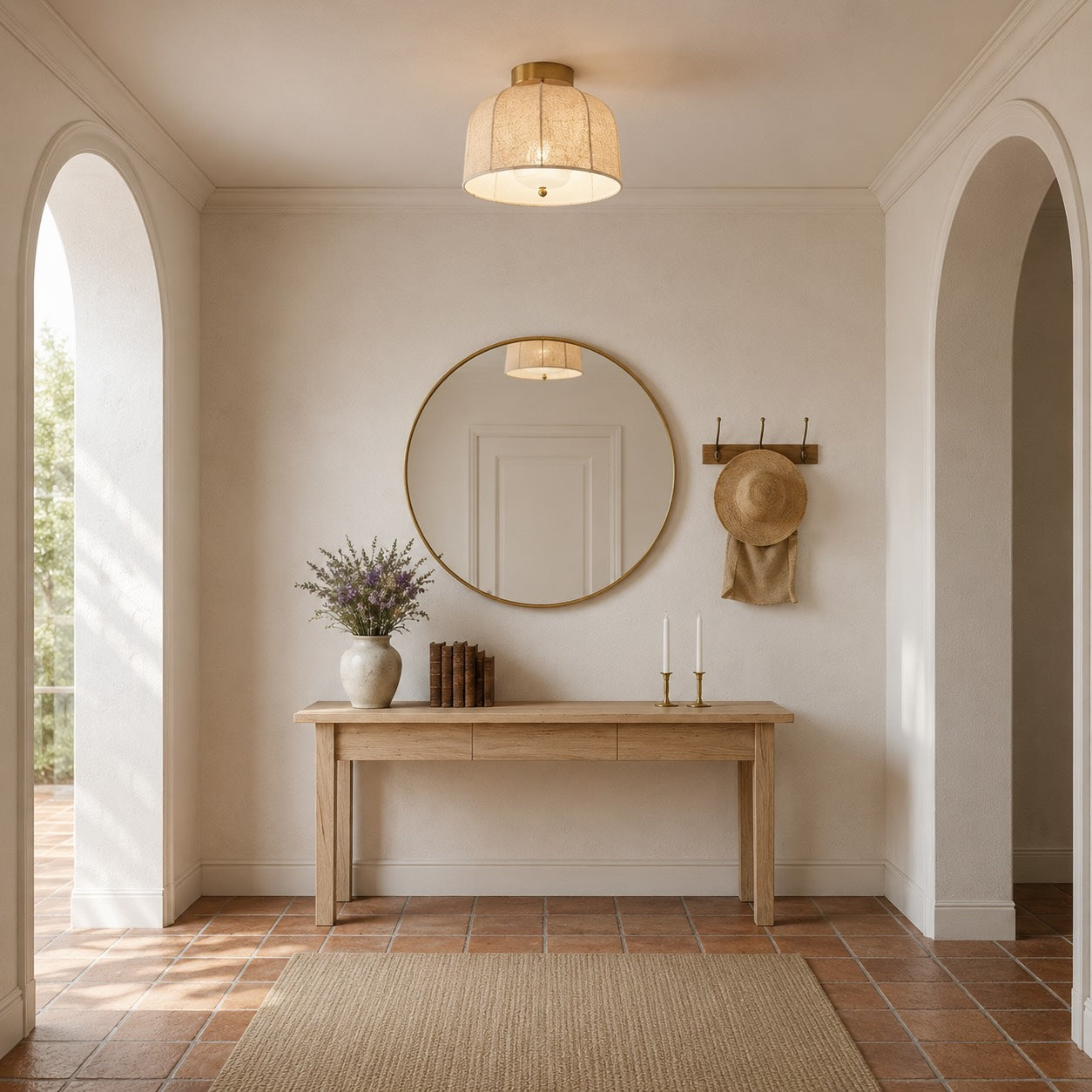 Rustic Linen Shade & Warm Gold Flush Mount Ceiling Light (LED Compatible)