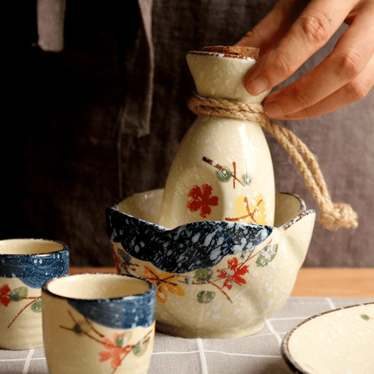 Sake Set Hand-Painted Sakura Ceramic Carafe & Cups