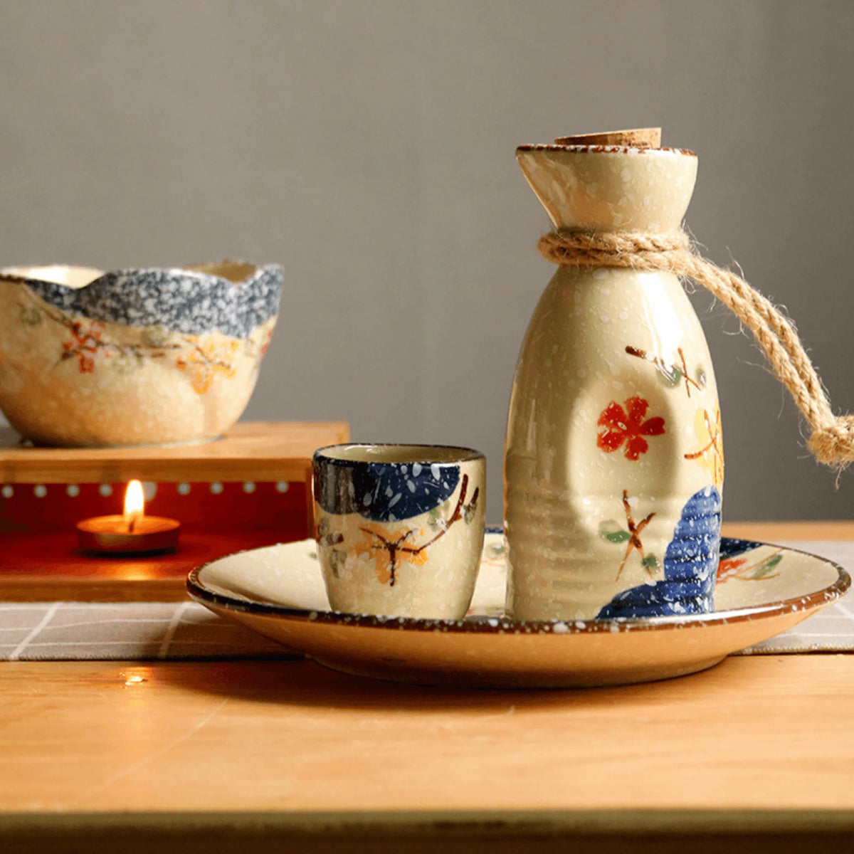 Sake Set Hand-Painted Sakura Ceramic Carafe & Cups