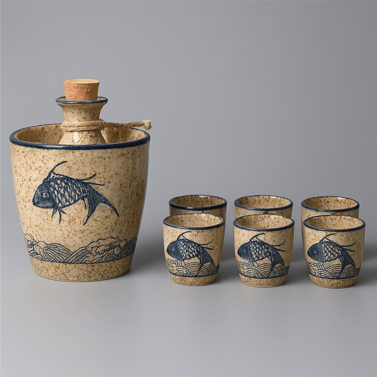 Sake Set Handcrafted Ceramic Koi Motif Hot & Cold