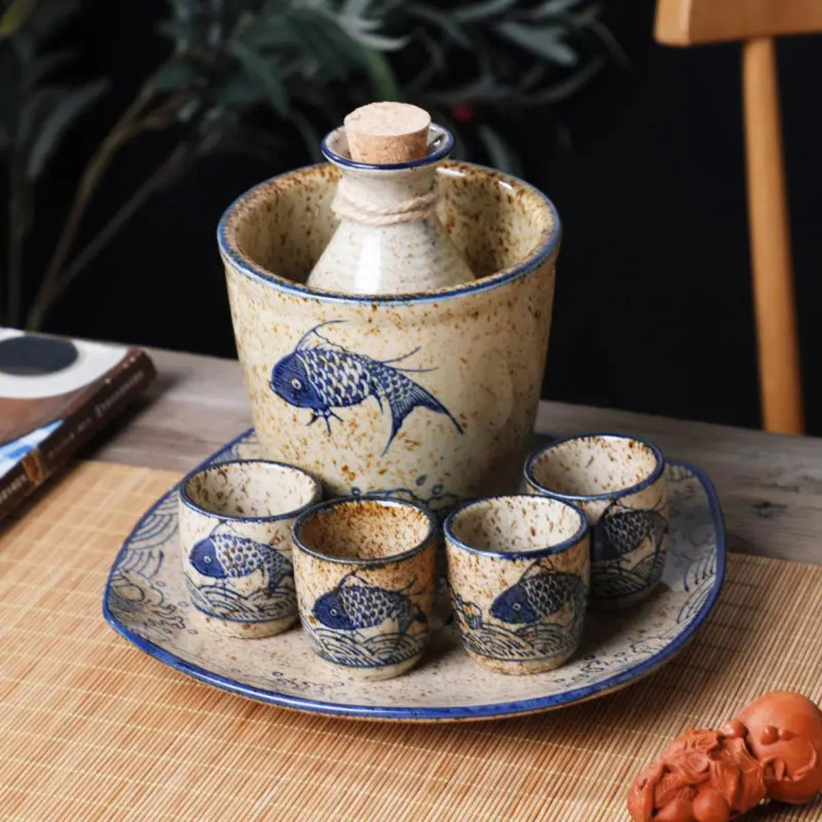 Sake Set Handcrafted Ceramic Koi Motif Hot & Cold