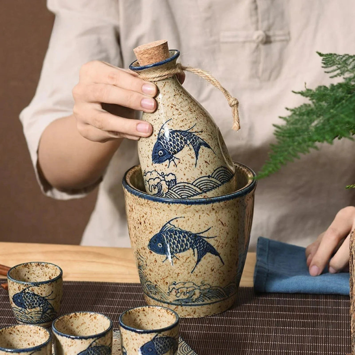 Sake Set Handcrafted Ceramic Koi Motif Hot & Cold