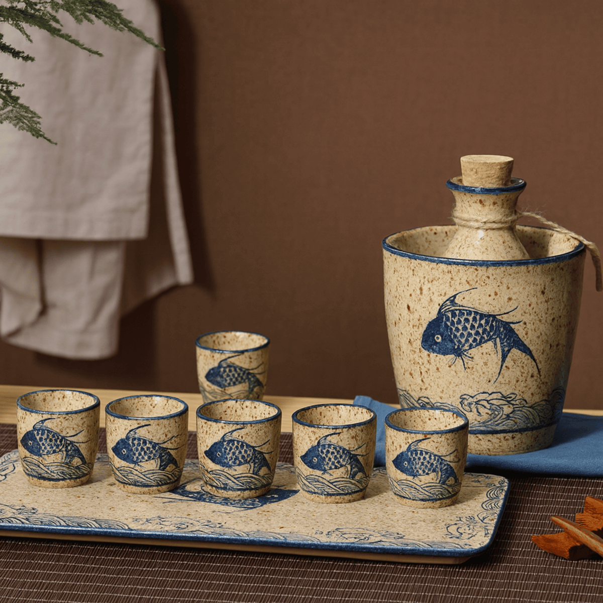 Sake Set Handcrafted Ceramic Koi Motif Hot & Cold