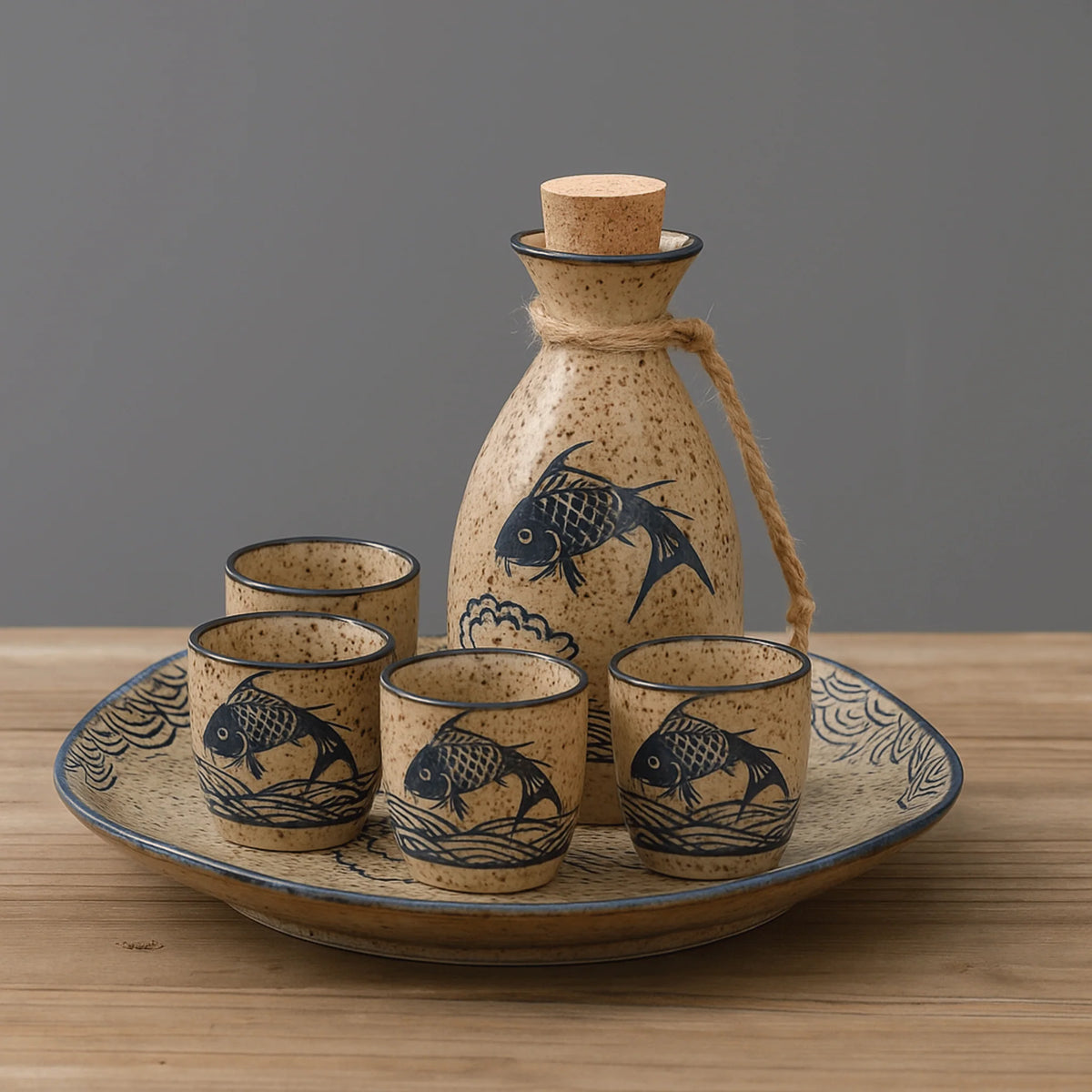 Sake Set Handcrafted Koi Ceramic Drip-Free