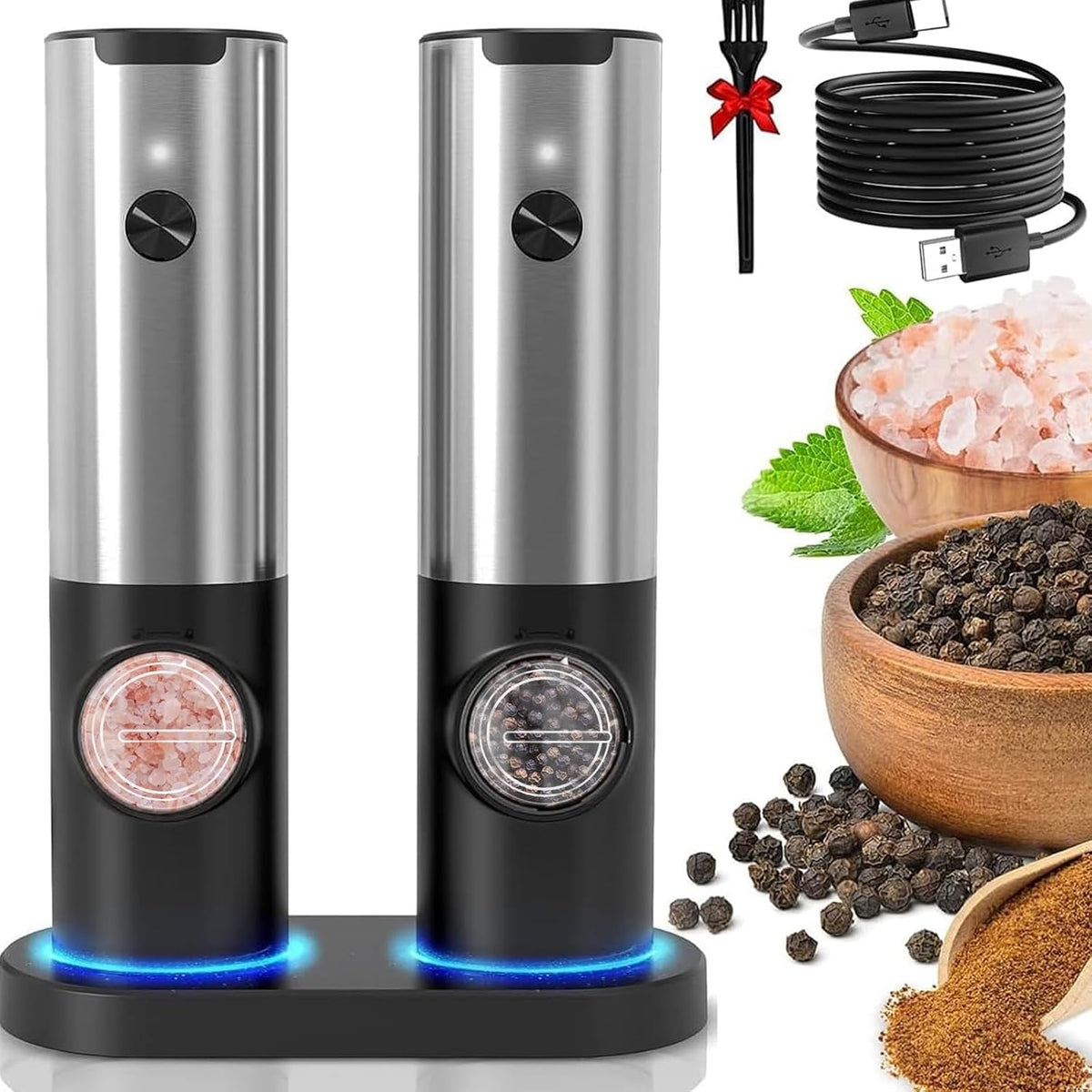 Salt And Pepper Mill Set Rechargeable Electric Adjustable Grind