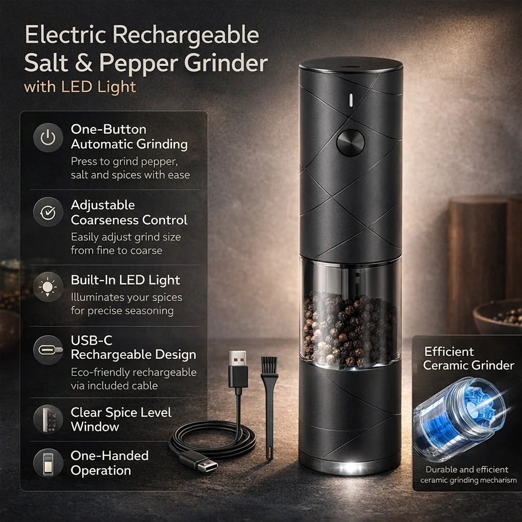 Salt & Pepper Grinder Set One-Hand Operation USB-C Rechargeable LED