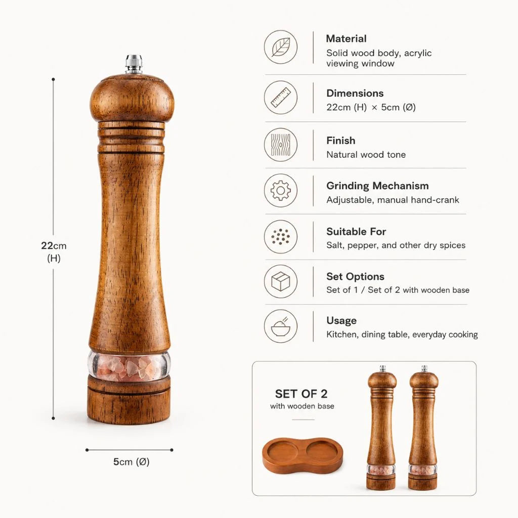 Salt & Pepper Grinder Solid Wood Adjustable Grind Window