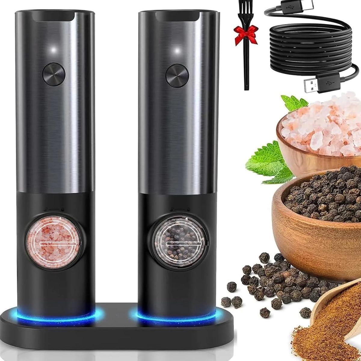 Salt & Pepper Mill Set Rechargeable One-Handed Adjustable Grind