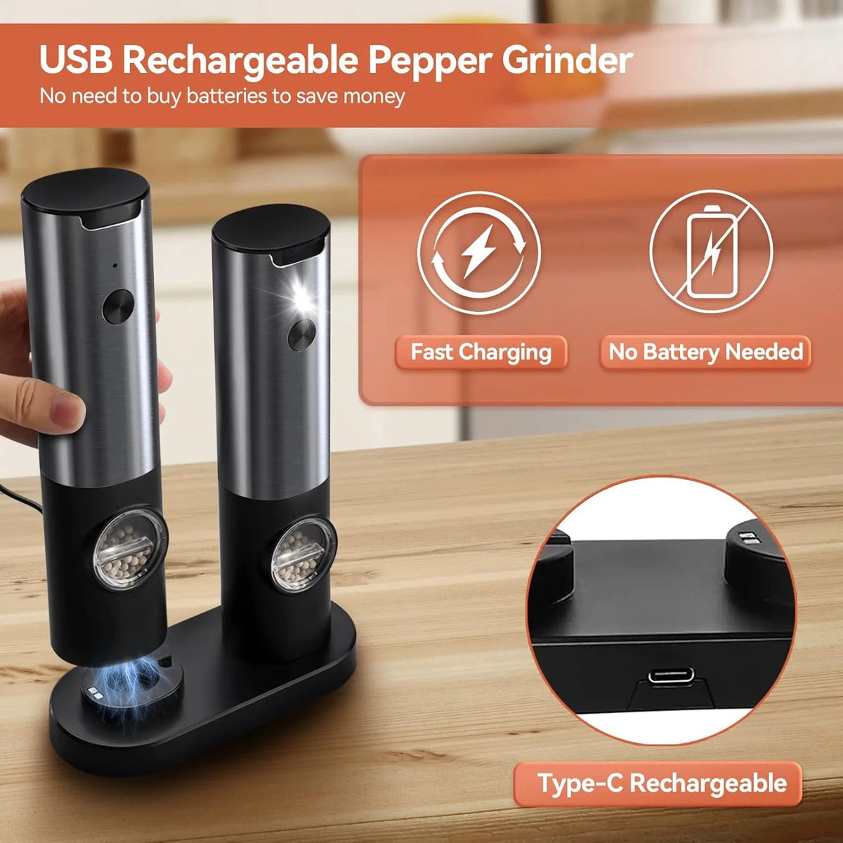 Salt & Pepper Mill Set Rechargeable One-Handed Adjustable Grind
