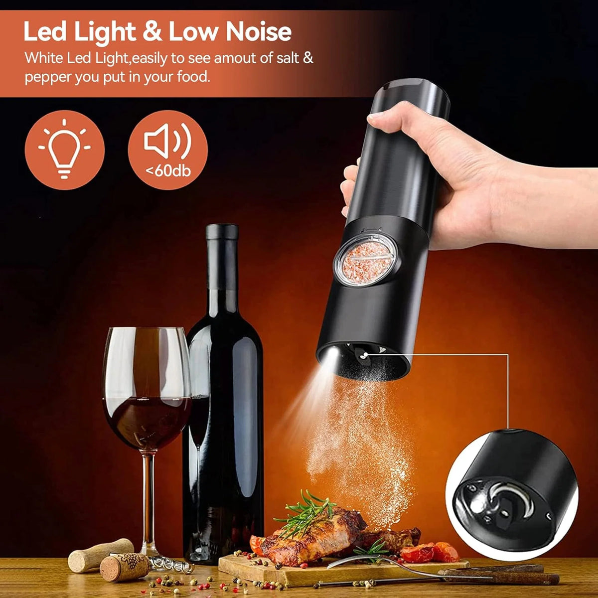 Salt & Pepper Mill Set Rechargeable One-Handed Adjustable Grind