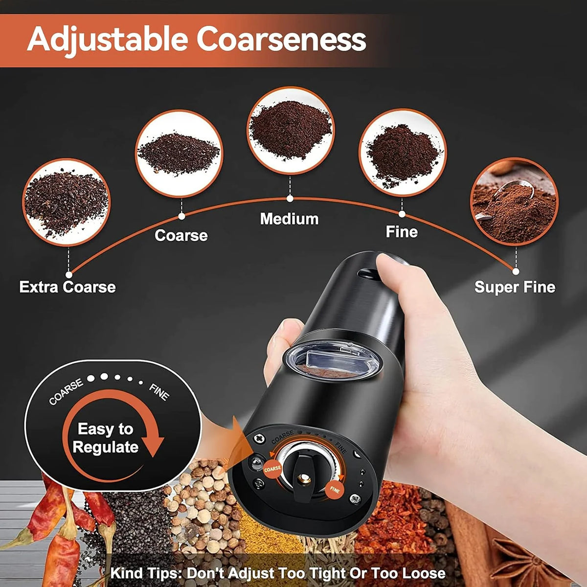 Salt & Pepper Mill Set Rechargeable One-Handed Adjustable Grind
