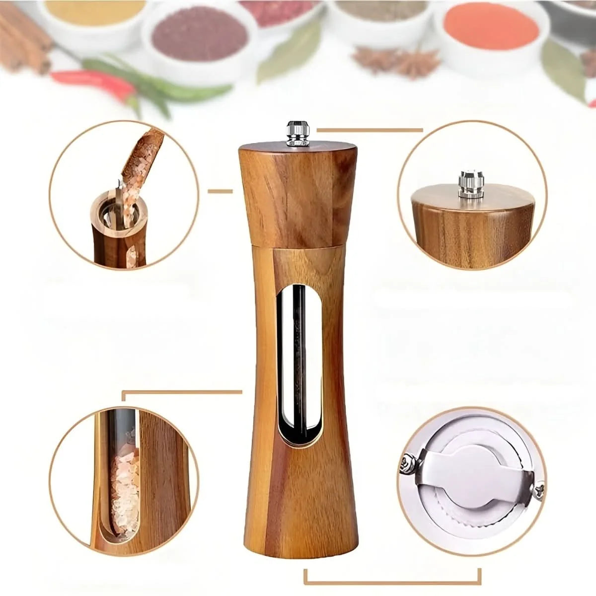 Salt & Pepper Mills Natural Wood Adjustable Grinder