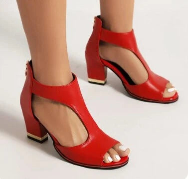 Sandals Square Block Heel T-Strap Faux Leather